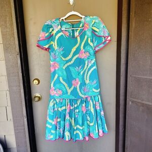 Vintage Made In Hawaii Floral Teal‎ and Pink Drop Waist Short Sleeve Dress